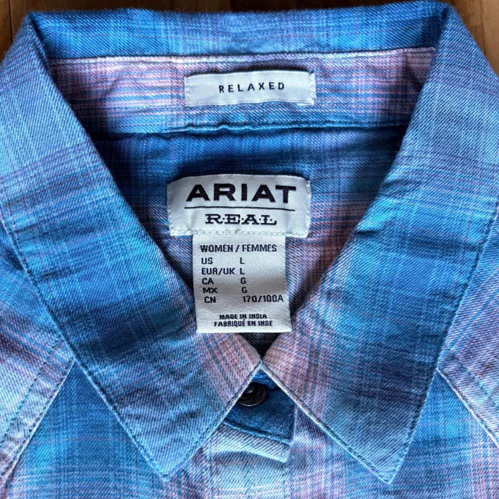 ARIAT REAL Billie Jean Relaxed Fit Aqua & Pink Dobby Plaid Shirt Large NWT - Picture 3 of 7